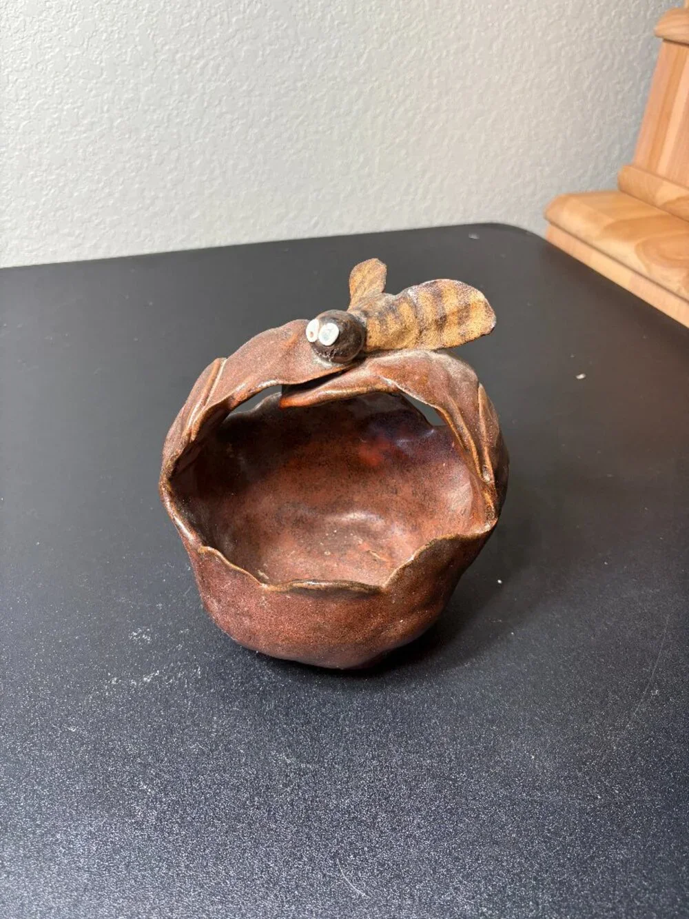 Vintage Primitive Handmade Ceramic Basket with Bumble Bee